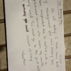 Parkville Post Office - Photo of note left 11/7/25 I guess as a form of retaliation they decided to keep my mail