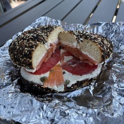 Luke's New York Bagels - Lox Sandwich with the cream cheese, tomatoes, capers, and onions