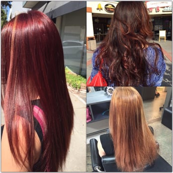 Andre David Salon - original color at the top right corner/stripped/ending with the vibrant rich mohagany red By Chrissy - Hair Salons Near Me - Modesto, California