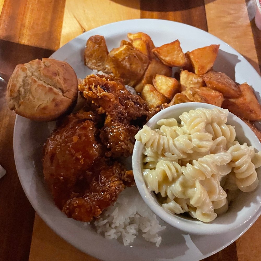 Proper - Chicken with jasmine rice, home fries, Mac and cheese, and cornbread - Southern Near Me - Boone, North Carolina