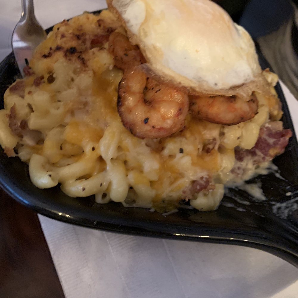 The Backyard - OG Mac with shrimp & a fried egg - American Near Me - Seabrook, Texas The Backyard - OG Mac with shrimp & a fried egg - American Near Me - Seabrook, Texas