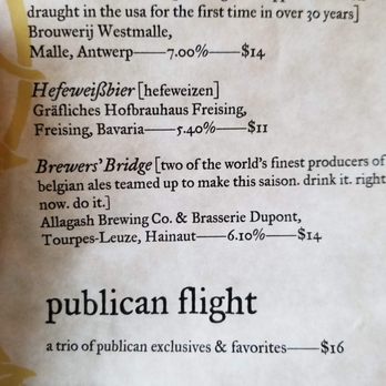 The Publican - Partial beer menu with instructions - New American Near Me - Chicago, Illinois