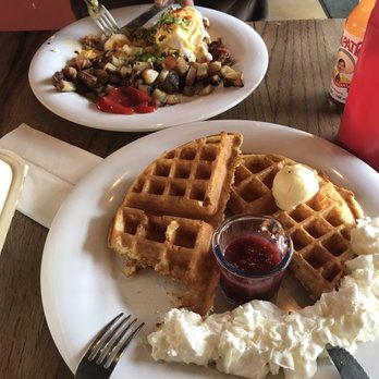 Stone Way Cafe - Cajun Eggs Benedict & strawberry waffles. - Coffee & Tea Near Me - Seattle, Washington