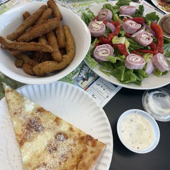 Decicco's Pizzeria - White pizza slice, zucchini fries, antipasto salad and slice of cheese pizza at the top of the photo. All equally amazing! - Pizza Near Me - Yulee, Florida
