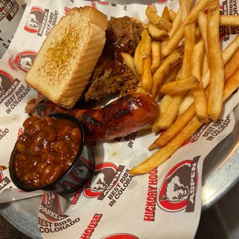 Hickory House Ribs & Steaks - Hickory Smoked BBQ Chopped Beef Brisket Lunch with a Old Colorado Smokehouse Sausage - Barbeque Near Me - Parker, Colorado Hickory House Ribs & Steaks - Hickory Smoked BBQ Chopped Beef Brisket Lunch with a Old Colorado Smokehouse Sausage - Barbeque Near Me - Parker, Colorado