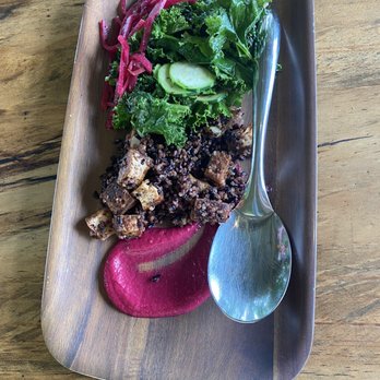 O'o Farms - Coffee Cherry BBQ Tofu, Toasted White Quinoa/Black Rice, Braised Greens, Summer Squash & beet purée - Food Tours Near Me - Kula, Hawaii