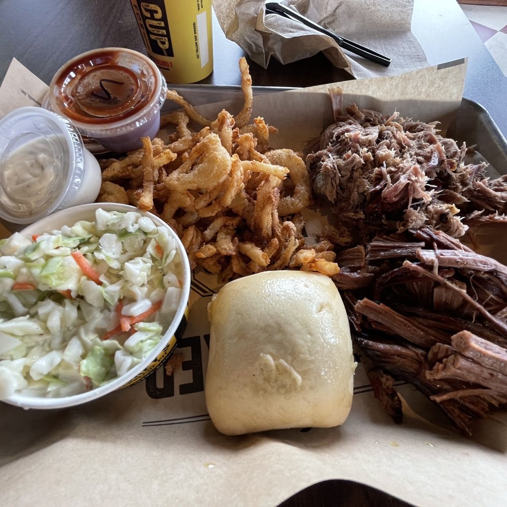 Two meat plate with brisket and pulled pork. Two meat plate with brisket and pulled pork.