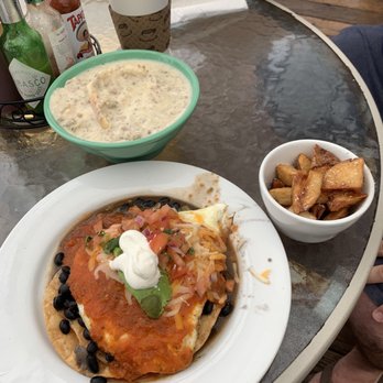 The Press - Huevos rancheros with biscuits and gravy and country potatoes - Breakfast & Brunch Near Me - El Granada, California The Press - Huevos rancheros with biscuits and gravy and country potatoes - Breakfast & Brunch Near Me - El Granada, California