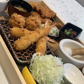 Saku - Shrimp, scallop and chicken thigh katsu with all the accompaniments. - Japanese Near Me - Vancouver, British Columbia Saku - Shrimp, scallop and chicken thigh katsu with all the accompaniments. - Japanese Near Me - Vancouver, British Columbia