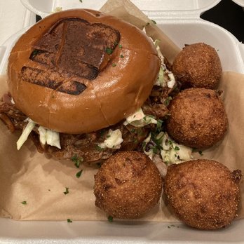 H Brothers - Pulled pork sandwich with hush puppies - Comfort Food Near Me - Escondido, California H Brothers - Pulled pork sandwich with hush puppies - Comfort Food Near Me - Escondido, California