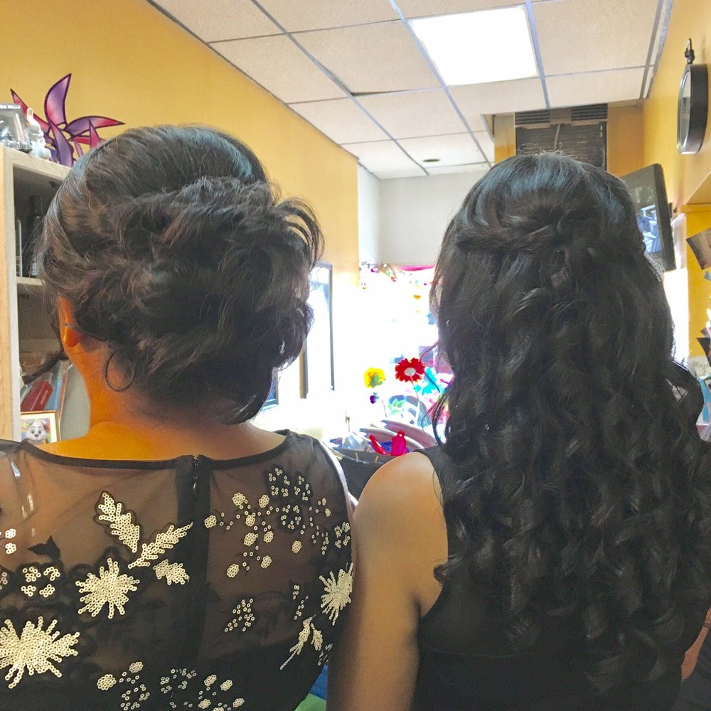 Gina's Hair Design - Messy bun on left and curls on right - Hair Salons Near Me - Kearny, New Jersey