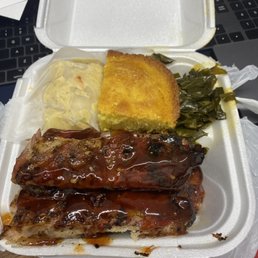 BBQ ribs, collard greens, potato salad and corn bread. -Amazing! BBQ ribs, collard greens, potato salad and corn bread. -Amazing!