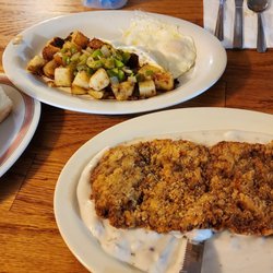 Cope's Knotty Pine Cafe - Chicken fried steak, biscuits and gravy, fried eggs and home fries. Amazing.