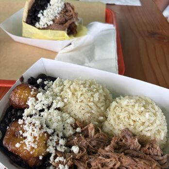 Miss Arepa - Shredded beef bowl (pabelleon) and a pabellon arepa - Venezuelan Near Me - Lahaina, Hawaii