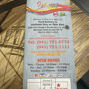 Rainbow Island - Front of Menu with hours of operation - Chinese Near Me - Bradenton, Florida