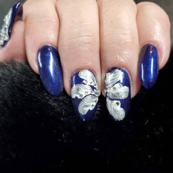 Cobalt 406 - Beautiful blue nails with silver-white flowers and gems to add sparkle to your day! - Nail Salons Near Me - Hamilton, Montana