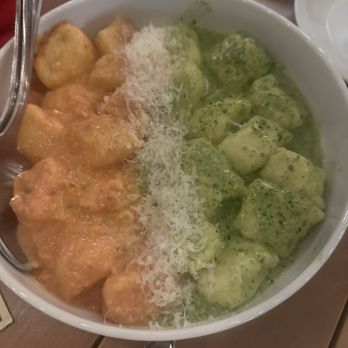 Death by Pizza - 50/50 gnocchi (half à la vodka, half pesto) - Pizza Near Me - Delray Beach, Florida Death by Pizza - 50/50 gnocchi (half à la vodka, half pesto) - Pizza Near Me - Delray Beach, Florida
