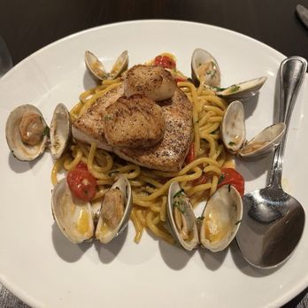 Moma Mediterranean Kitchen - Swordfish, Scallops and Clams with homemade pasta - Mediterranean Near Me - Glenside, Pennsylvania Moma Mediterranean Kitchen - Swordfish, Scallops and Clams with homemade pasta - Mediterranean Near Me - Glenside, Pennsylvania