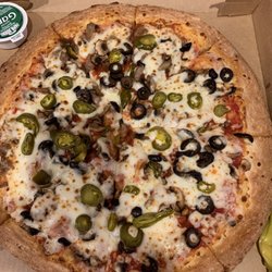 Papa Johns Pizza - Jalapeño, black olive, mushrooms and beef pizza