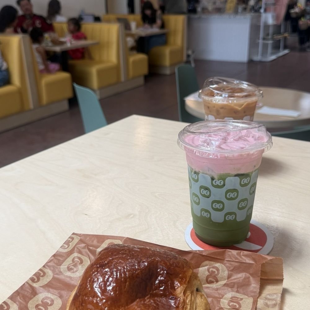 Iced matcha + lavender sweetener + strawberry cold foam and Chocolate croissant Iced matcha + lavender sweetener + strawberry cold foam and Chocolate croissant