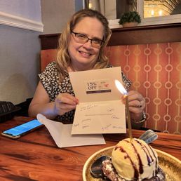 Birthday girl with bad card and gc showing off the large chocolate brownie with vanilla ice cream. Birthday girl with bad card and gc showing off the large chocolate brownie with vanilla ice cream.