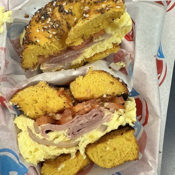 Brooklyn Water Bagels - Asiago Everything Bagel with ham, egg, tomato & onion - Breakfast & Brunch Near Me - North Palm Beach, Florida Brooklyn Water Bagels - Asiago Everything Bagel with ham, egg, tomato & onion - Breakfast & Brunch Near Me - North Palm Beach, Florida
