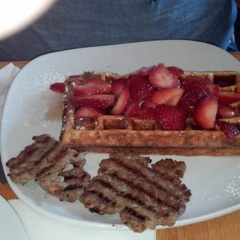 Iron Roost - Waffle with fresh strawberries and side of sausage - Breakfast & Brunch Near Me - Ballston Spa, New York Iron Roost - Waffle with fresh strawberries and side of sausage - Breakfast & Brunch Near Me - Ballston Spa, New York
