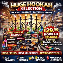 Puff n Pass Smoke & Vape Shop - Large selection of hookahs, hookah tobacco, and charcoal including brands like Al Fakher, Starbuzz, Fumari, CocoNara, and 3 Kings.