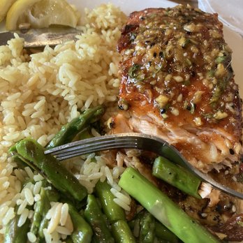 Briggs Corner Pizzeria - Salmon encrusted sesame oil & with black & white sesame seeds over roasted pineapple with asparagus and rice' - Pizza Near Me - Attleboro, Massachusetts