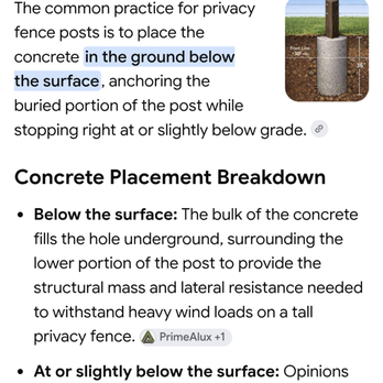 Bill's Fence - This is AI search showing that concrete should be level or below ground as industry standard but all of ours are above ground - Fences & Gates Near Me - Cabot, Arkansas