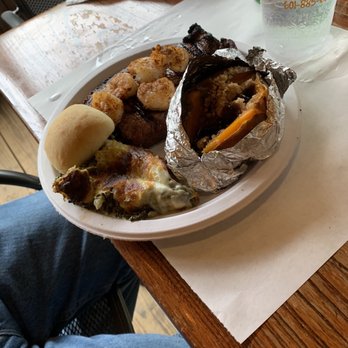 H D Gibbes & Sons - Ribeye with shrimp on too, that Must have sweet potato! spinach casserole & roll - Steakhouses Near Me - Learned, Mississippi