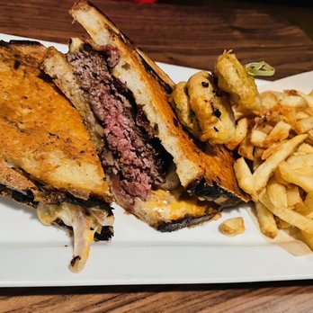 The State - Spicy patty melt w/fries and fried pickles. It was delicious and the bread was so good. - New American Near Me - Redlands, California