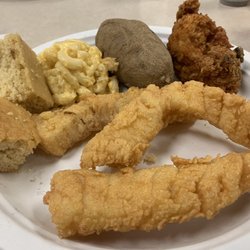 Multi Lakes Conservation Association - Fish, cornbread, Mac and cheese, potato, and a chicken wing