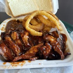 A&R Bar-B-Que - Rib Tip Plate. Onion Rings Sides. Lg. Baked Beans Sides. Solid but I've had better. I'll try something else soon.