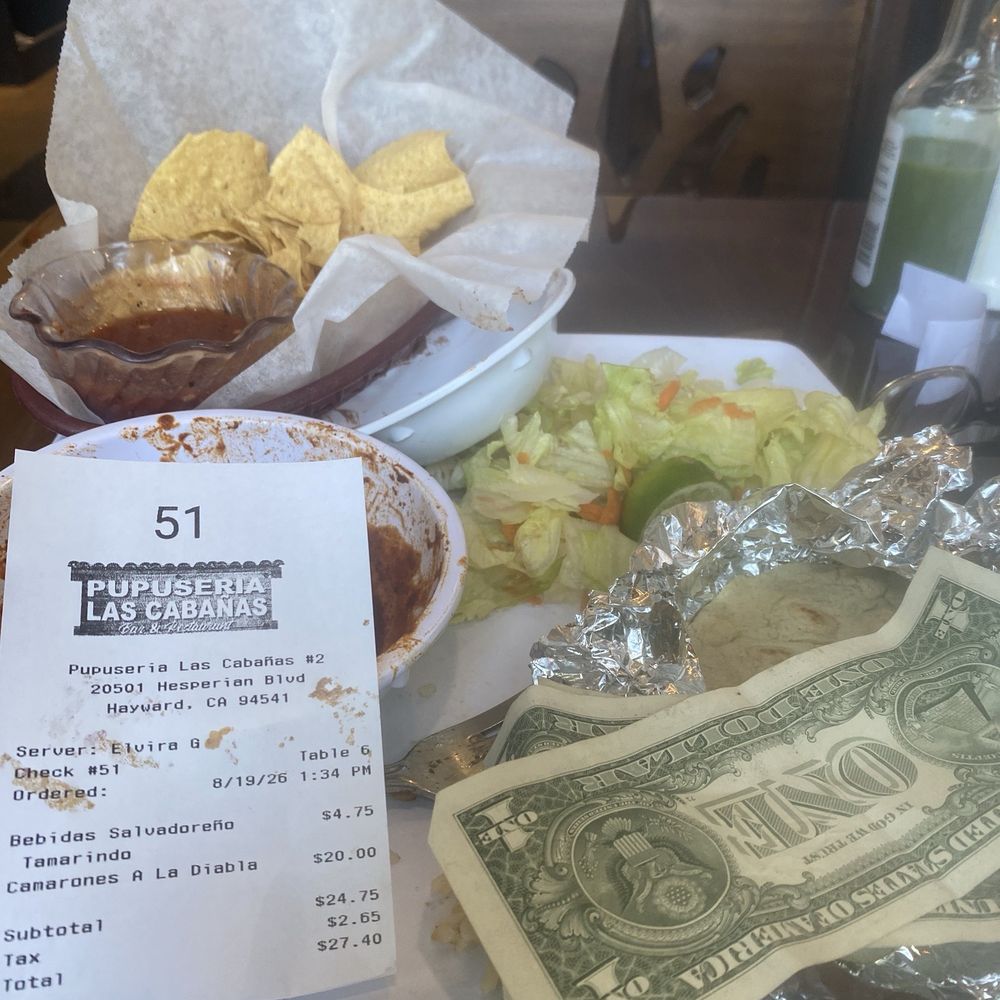 Pupuseria Las Cabanas - Receipt with inedible leftovers - Salvadoran Near Me - Hayward, California Pupuseria Las Cabanas - Receipt with inedible leftovers - Salvadoran Near Me - Hayward, California