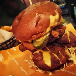The Joker - Sgt. Slawter signature sandwich ---   chicken thigh served on a challah roll, with  house slaw & pickles and some fairly spicy mayo.