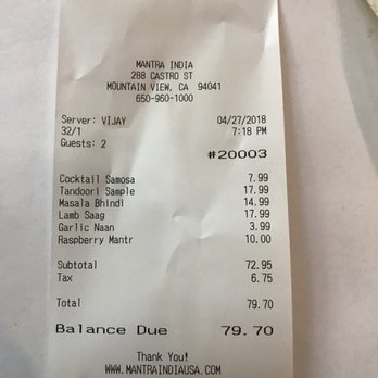 Mantra India - Too much food for 2 people!!! But the prices are still too high. Also we came during happy hour so the drink should have only been $5!!!! - Indian Near Me - Mountain View, California