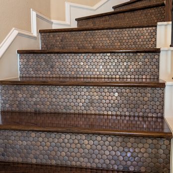 Julian Flooring - Red oak treads in Espresso stain + copper penny tiles + Espresso grout = staircase perfection! - Flooring Near Me - Pflugerville, Texas