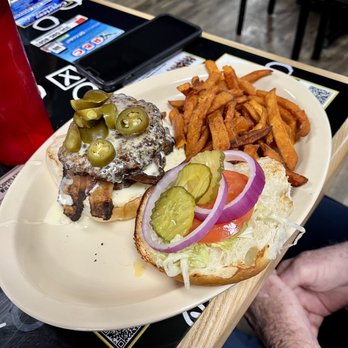 Coaches Corner - Southwest hamburger with sweet potato fries - Sports Bars Near Me - Wetumpka, Alabama