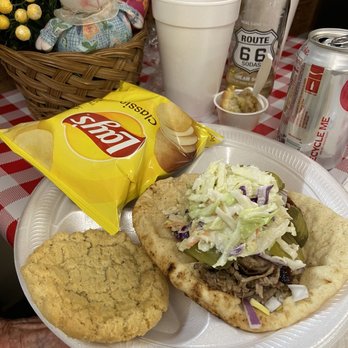 Watson's BBQ - Pork po boy with pickles, onion and slaw - Barbeque Near Me - Tucumcari, New Mexico