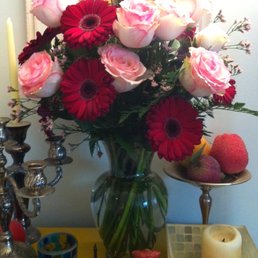 My gorgeous arrangement from Bountiful Blooms (Please ignore wall of clutter around vase to keep flower hungry cats away from flowers!).
