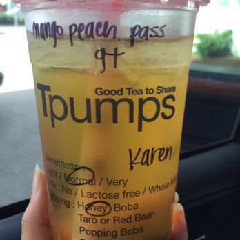 Tpumps - Mango peach passion green tea with normal sweetness and honey boba - Coffee & Tea Near Me - San Francisco, California Tpumps - Mango peach passion green tea with normal sweetness and honey boba - Coffee & Tea Near Me - San Francisco, California