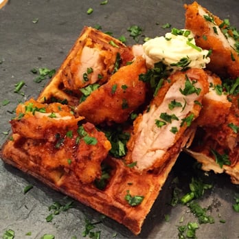 The Watch House - Buttermilk Waffles with succulent spicy fried chicken and maple syrup butter - Coffee & Tea Near Me - London, XGL