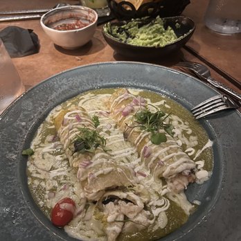 Javier's - Dungeness and shrimp enchiladas, comes with beans and rice on a side plate - Mexican Near Me - Irvine, California Javier's - Dungeness and shrimp enchiladas, comes with beans and rice on a side plate - Mexican Near Me - Irvine, California