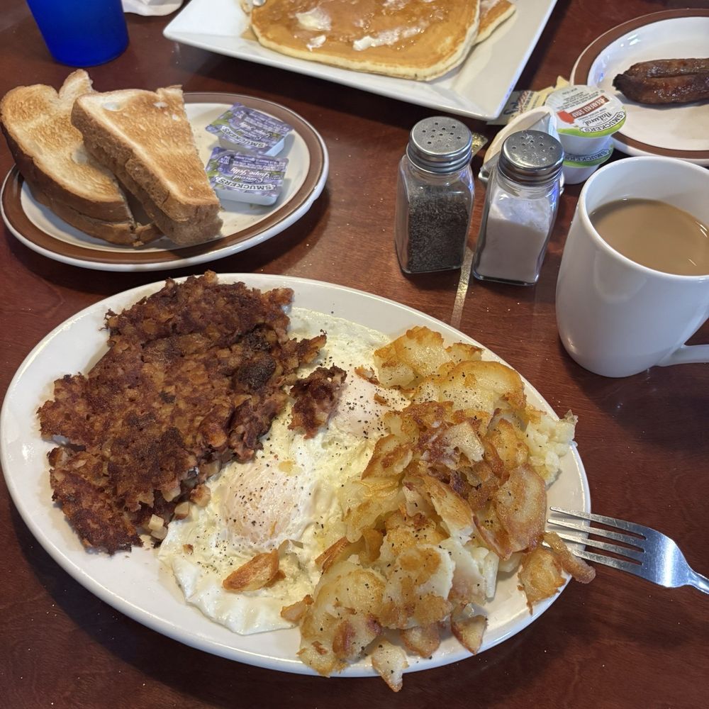 A&G Diner - Corn beef hash, over easy eggs and home fries with gravy ( on the side). Short stack pancakes. - Breakfast & Brunch Near Me - Brandon, Florida