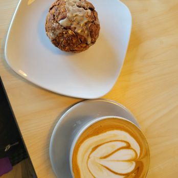 Switchback Coffee Roasters - Latte with brown sugar syrup and almond milk and a carrot cake with maple. - Coffee & Tea Near Me - Colorado Springs, Colorado Switchback Coffee Roasters - Latte with brown sugar syrup and almond milk and a carrot cake with maple. - Coffee & Tea Near Me - Colorado Springs, Colorado