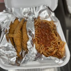 Downtown Louisiana Tamale Shop - Fried catfish and spaghetti