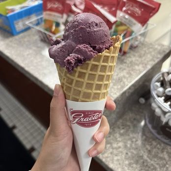 Graeter's Ice Cream - Black Raspberry Chocolate Chip Single Scoop in a Waffle Cone ($6.25) - Ice Cream & Frozen Yogurt Near Me - Centerville, Ohio Graeter's Ice Cream - Black Raspberry Chocolate Chip Single Scoop in a Waffle Cone ($6.25) - Ice Cream & Frozen Yogurt Near Me - Centerville, Ohio