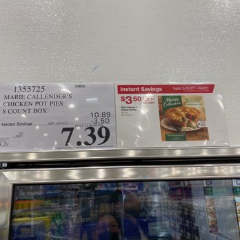 Costco - I jest luvs ma chiken potz peyes - The image shows a price tag at Costco in Chicago, IL, for Marie Callender's chicken pot pies, 8-count box. The original price is $10.89, with an instant savings of $3.50, reducing the price to $7.39. The label includes promotional information about a discount valid from March 10 to April 4, 2021, and features a small image of the product. - Wholesale Stores Near Me - Chicago, Illinois