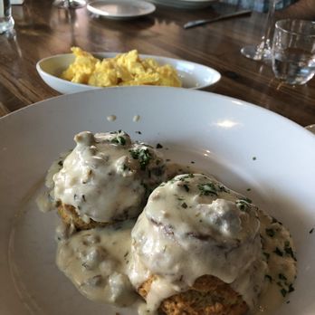 A'Bouzy - Brunch: Biscuits Gravy & Eggs. Eggs are typically mixed in with the gravy, but I asked for them on the side. - Champagne Bars Near Me - Houston, Texas A'Bouzy - Brunch: Biscuits Gravy & Eggs. Eggs are typically mixed in with the gravy, but I asked for them on the side. - Champagne Bars Near Me - Houston, Texas